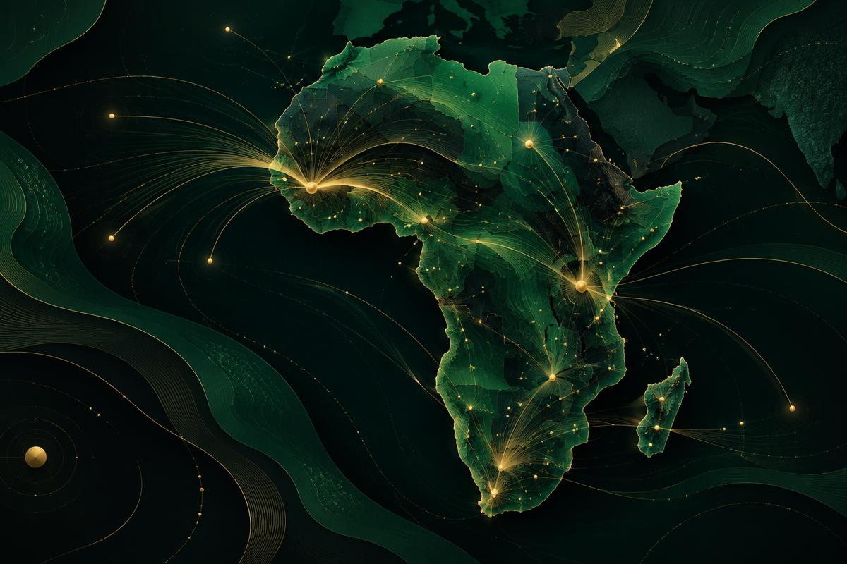 Emerald map of African capital flows traced with gold pathways