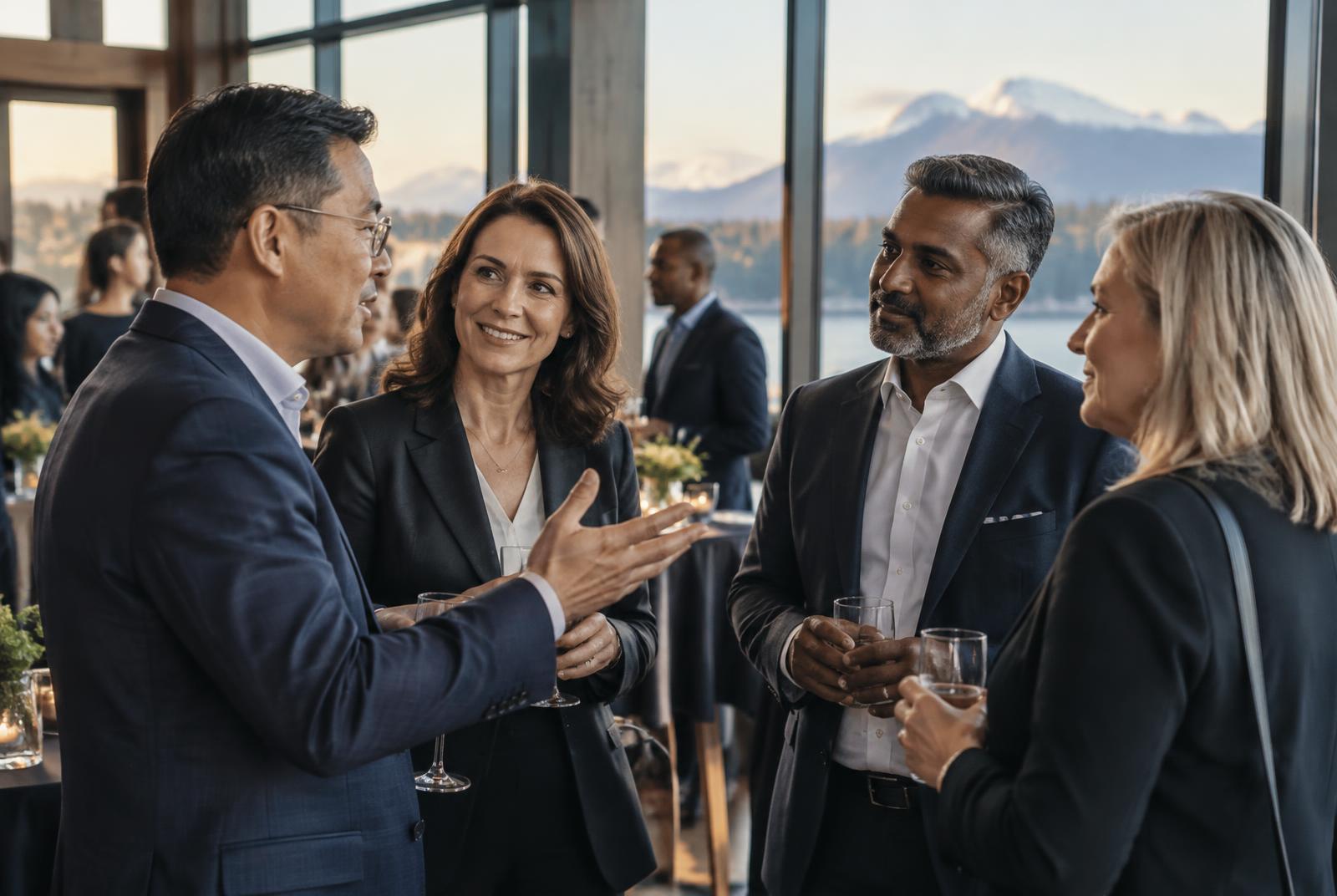 International business executives in conversation at a networking reception