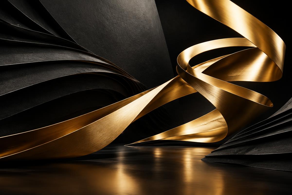 Sculptural sovereign gold ribbons moving through an obsidian setting