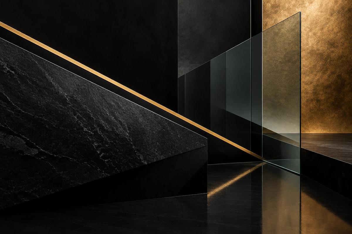 Obsidian architectural forms crossed by a precise sovereign gold line