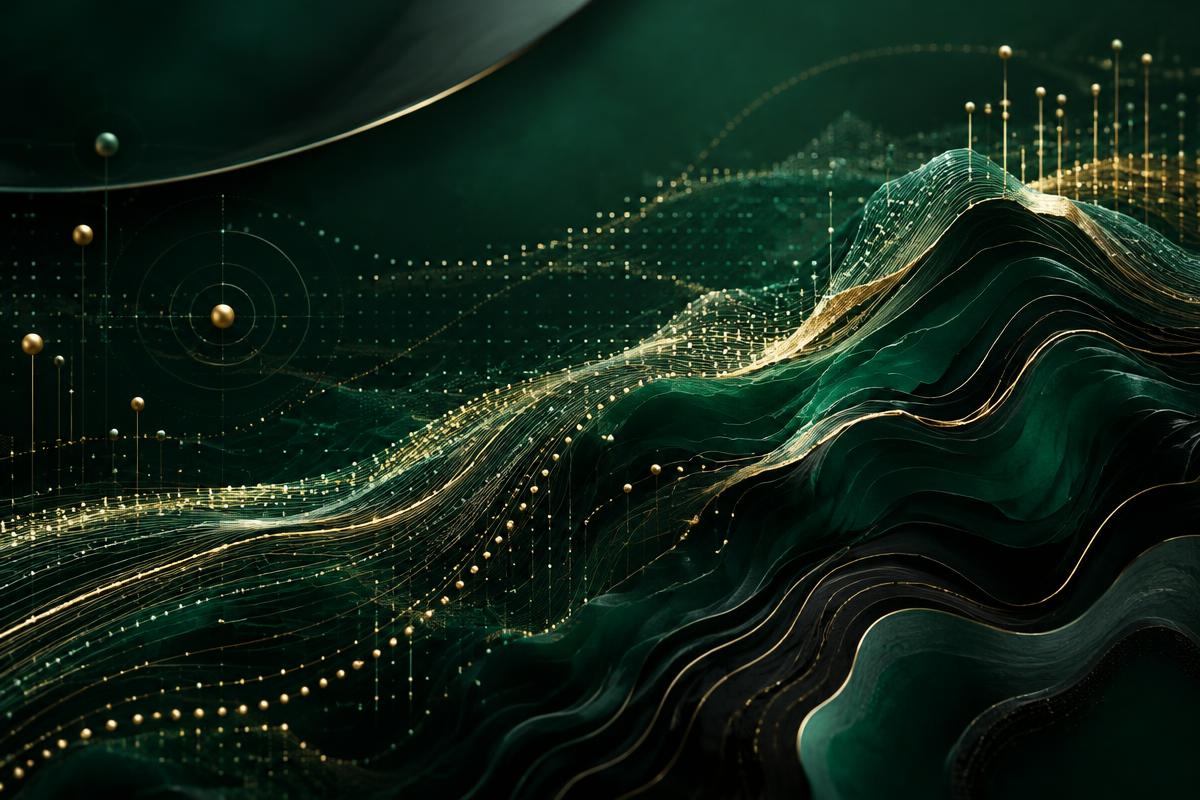 Emerald data contours illuminated by analytical points and pathways