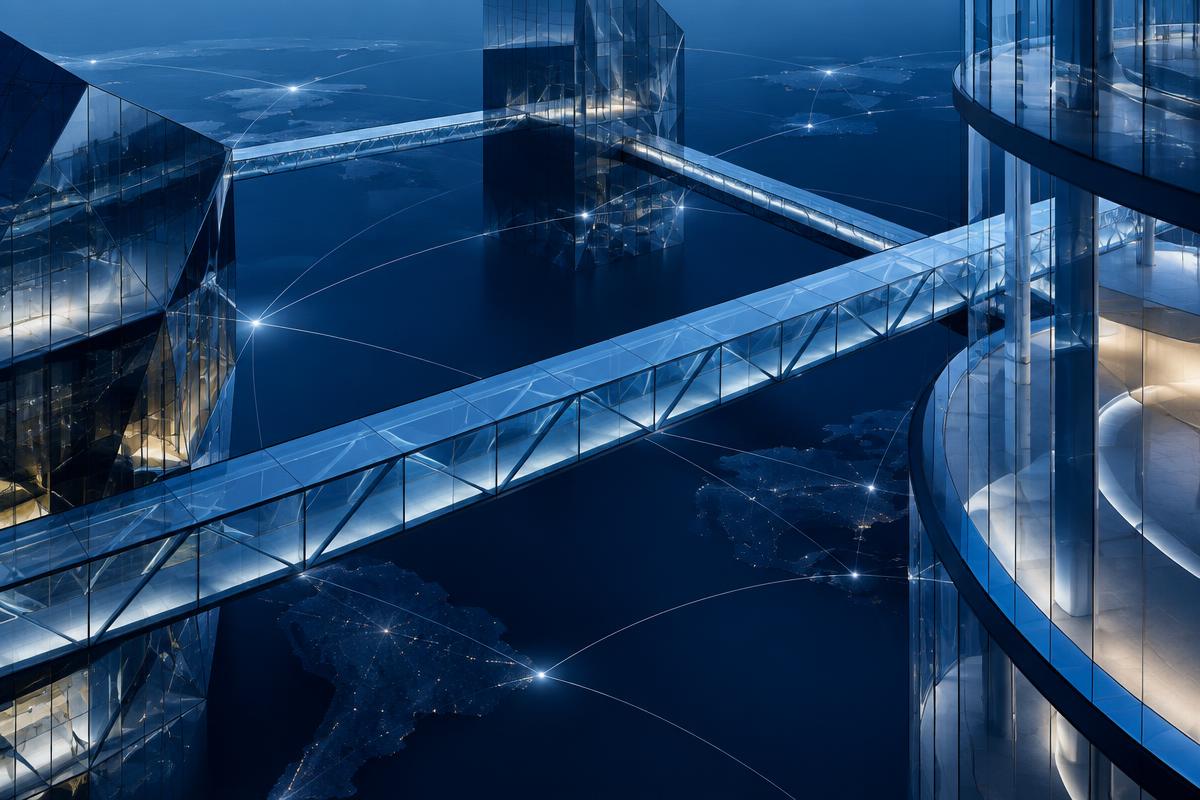 Navy architectural network connected by light blue bridges